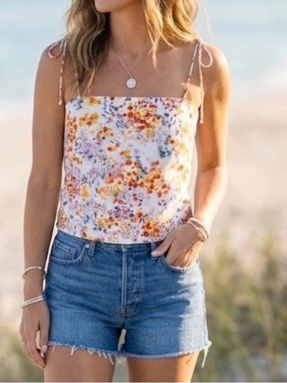 H&M White Floral Tie-Strap Camisole